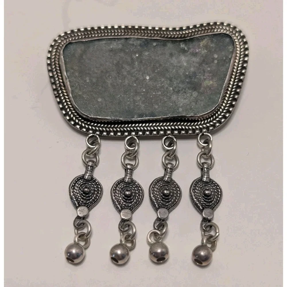 Vtg Israeli Sterling Silver 925‎ Brooch Pin Eliat stone Or Roman Glass Yemenite